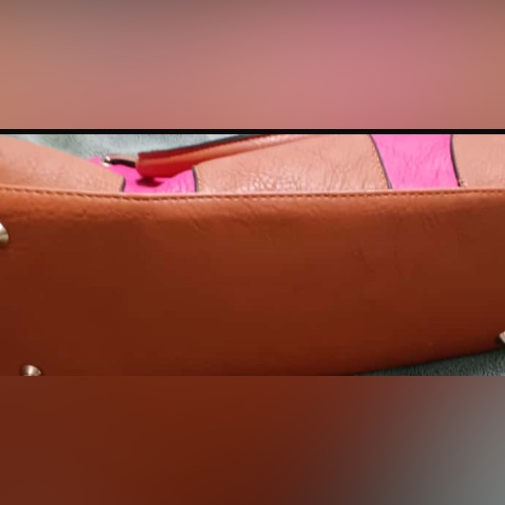 Reddish Coral and Tan MK Satchel with Structured Design - Picture 5 of 7